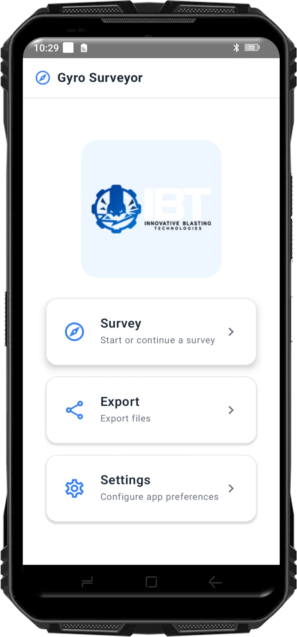 The IBT Gyro Surveyor app's home screen on a rugged field phone: Survey, Export and Settings