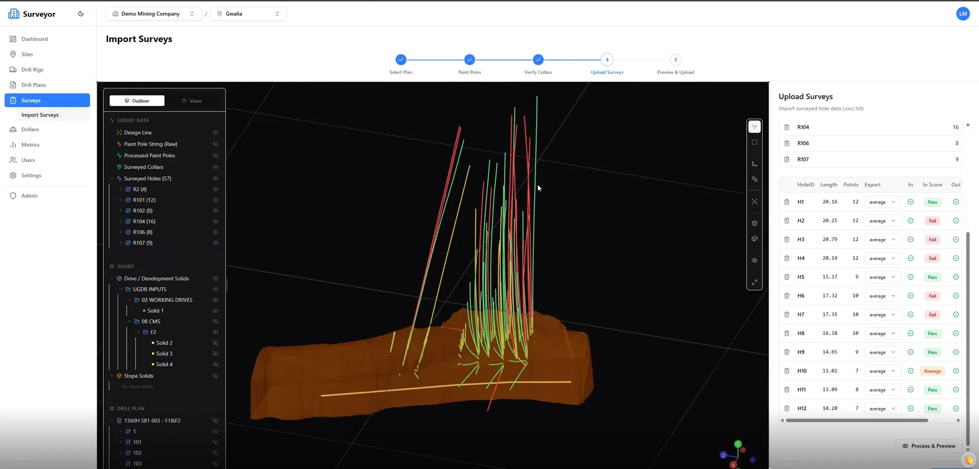 Surveyor Portal import wizard: gyro surveys uploading against their collars, with 3D hole traces over the stope solid